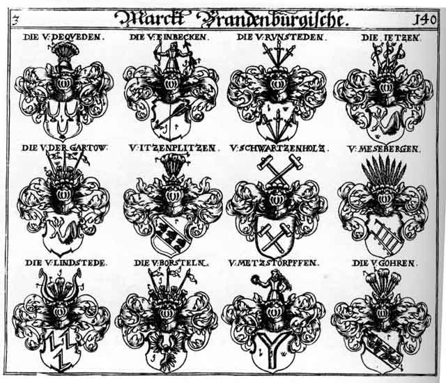Coats of arms of Borstein, Borstel, Borsteln, Dequeden, Einbecken, Gartow, Gohren, Itzenplitzen, Jetzen, Mesebergen, Metzstörffen, Runsteden, Schwartzenholtz