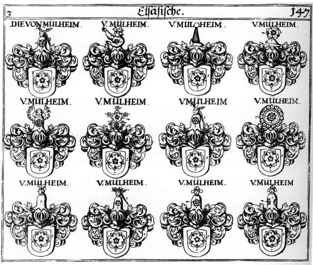 Coats of arms of Mülheim, Müllenheim, Mylheim, Zwingenstein