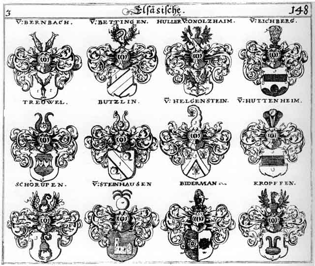 Coats of arms of Bernbaeh, Bettingen, Bidermann, Butzlin, Eichberg, Eychberg, Helgenftein, Hüler, Hüller, Huttenheim, Kropf, Kropfen, Pidermann, Schörupen, Stainhausen, Steinhaus, Steinhausen, Treubel, Trewel