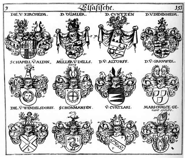 Coats of arms of Altdorff, Altendorff, Altorff, Cuntzen, Curtlari, Didenheim, Dümler, Granweil, Kirchheim, Miller, Müller, Mullner, Myller, Schappel, Schönmansen, Spendre, Wendelsdorff