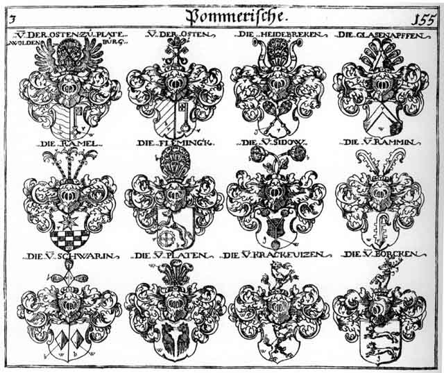 Coats of arms of Borchk, Borcken, Flemingk, Heidebrecken, Krackewitzen, Osten, Platen, Ramel, Rammin, Ramyn, Schwarin, Sidow