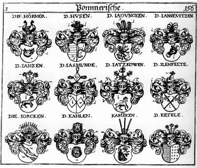 Coats of arms of Horner, Husen, Ilenfeldt, Jaduruken, Jannewitzen, Janzen, Jasmunde, Jatzkowen, Jorcken, Kahlen, Kammecken, Ketele, Nadler