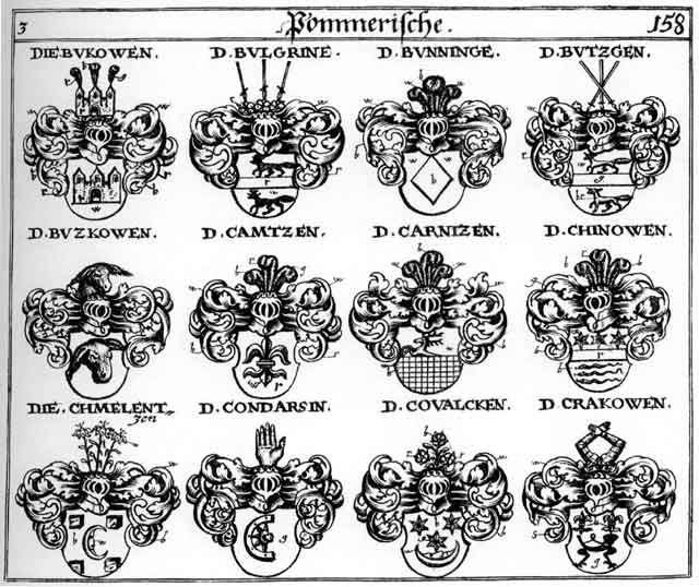 Coats of arms of Bukowen, Bulgrine, Bunninge, Butzgen, Butzkowen, Camtzen, Carnitzen, Chinowen, Chmelentzen, Condassin, Covalcken, Crakowen