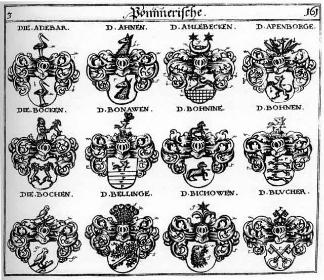 Coats of arms of Adebar, Ahlebecken, Ahnen, Apenborge, Barnekowen, Bellinge, Bichowen, Blucher, Boch, Bochen, Bock, Bocken, Bohn, Bohnen, Bohnine, Bonarsen, Pochen