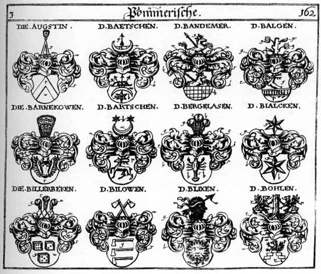 Coats of arms of Augstin, Baetschen, Balgen, Bandemer, Bartschen, Bergelasen, Bialcken, Billerbecken, Bilowen, Blixen, Bohlen
