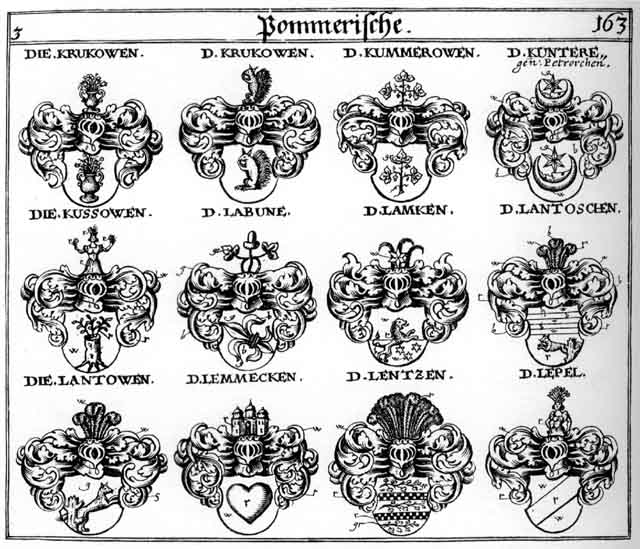 Coats of arms of Aichach, Krakowen, Kummerowen, Kunteregen, Kussow, Kussowen, Labune, Lamken, Lantoschen, Lantowen, Lemmecken, Lentzen, Lepal