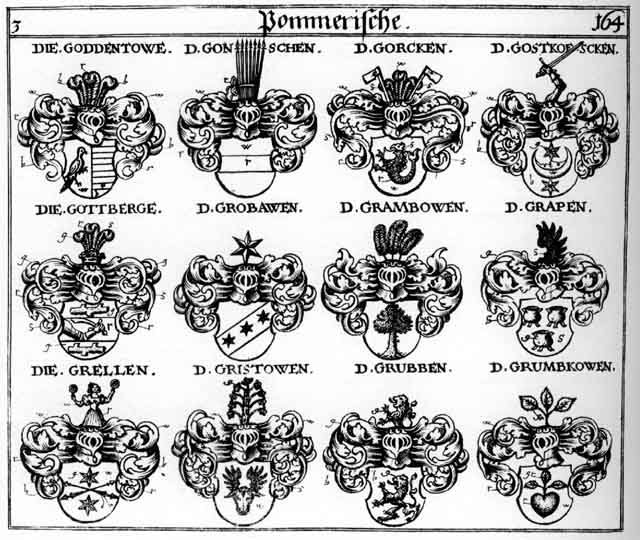 Coats of arms of Goddentowe, Gonschen, Gorcken, Gostkofsken, Gottberge, Gottendowe, Grambowen, Grapen, Grellen, Gristowen, Grobawen, Grubben, Gruben, Grumbkowen