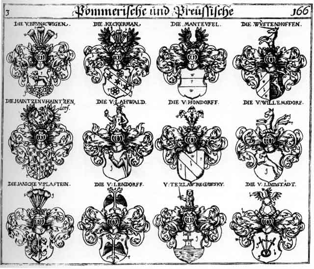 Coats of arms of Brunsewigen, Haintzen, Hondorff, Janicke, Keckermann, Lahwald, Lendorff, Lindstadt, Manteufel, Regawsky, Tezlaw, Willemsdorff, Wustenhofen