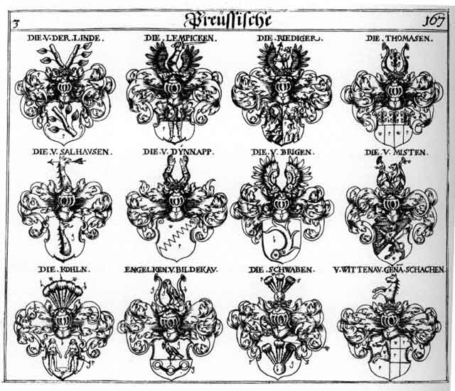 Coats of arms of Brigen, Dynnapp, Engelken, Kohln, Lempicken, Misten, Ridiger, Riediger, Rydiger, Salhausen, Schach, Schachen, Schwab, Schwaben, Schwaven, Thomasen, V der Linde, Wittenaw