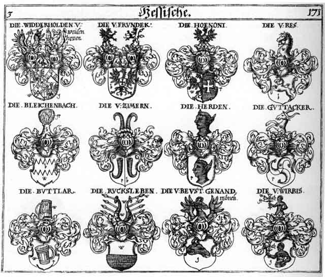 Coats of arms of Beust, Bleichenbach, Frundeck, Guttacker, Herden, Herdt, Hoenoni, Moench, Moenchen, Peusten, Ress, Rucksleben, Widderholden, Wirbis, Zimmer, Zimmern