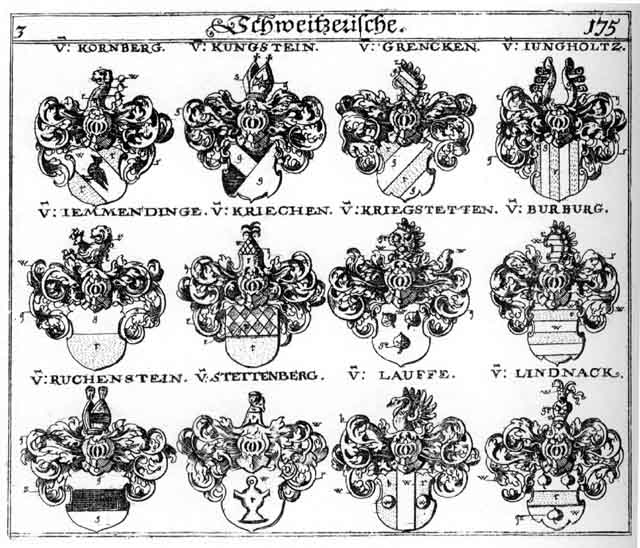 Coats of arms of Burburg, Grencken, Jemmendingen, Jungkholtz, Kornberg, Kriechen, Kriegen, Kriegstetten, Kungstein, Lauffe, Lauffen, Lindnack, Ruchenstein, Stettenberg