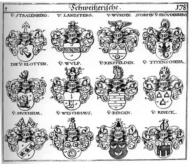 Coats of arms of Berg, Bergen, Berghen, Klotten, Landesberg, Landsperg, Landsperger, Muxheim, Rineck, Rinecke, Rinsfelden, Scorpen, Stralenberg, Stralnberger, Tistenschein, WesehhauS, Wulp, Würden