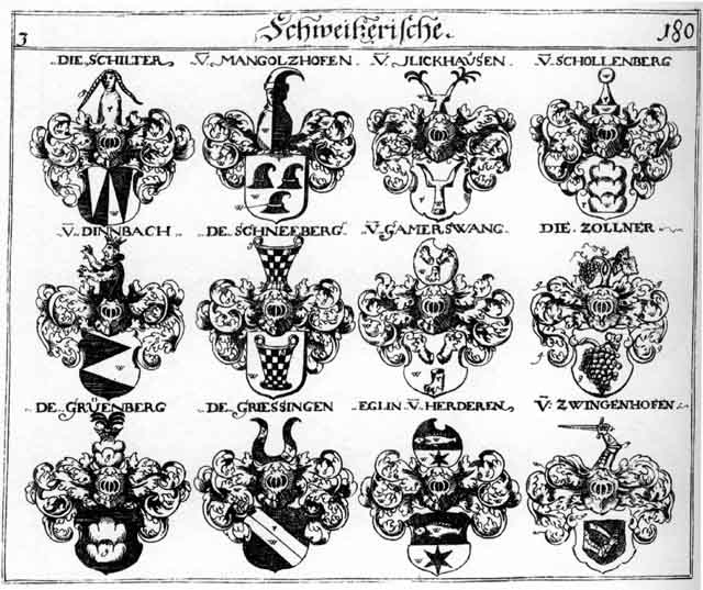 Coats of arms of Dinhbach, Eglin, Gamerswang, Griessingen, Grüenberg, Grünberg, Illickhausen, Mangotzhofen, Schilter, Schneeberg, Schneeberger, Schollenberg, Zollner, Zolner, Zwingenhoffen