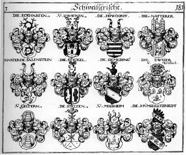 Coats of arms of Echard, Eckhardt, Geldern, Geltern, Harter, Höwdorff, Höwdorffer, Humseretzriedt, Mosheim, Mossenheim, Mossheim, Natterer, Siemeding, Stelten, Stickel, Zwicken, Zwyer