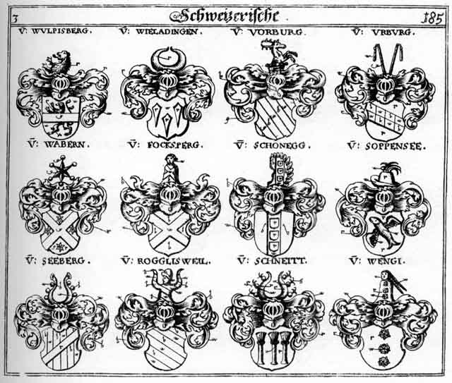 Coats of arms of Focksberg, Rogglisweil, Schneitt, Schönegg, Soppenfee, Urburg, Vorburg, Wabern, Wengi, Wieladinge, Wieladingen, Wulpisberg