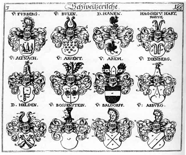 Coats of arms of Altnach, Arburg, Arem, Arsent, Baldorff, Balndorff, Bossenstein, Bulen, Dienberg, Furberg, Haanen, Hagen, Häggen, Hagn, Hahnen, Hane, Hanen, Hannen, Helden