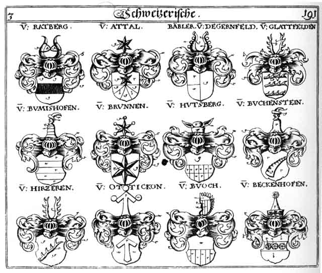 Coats of arms of Atal, Attal, Bäbler, Baebler, Beckenhofen, Brunn, Brunnen, Buchenstein, Buck, Bümishofen, Buoch, G’latfelden, Hirtzeren, Hutsberg, Ottiekon, Puchestein, Ratberg