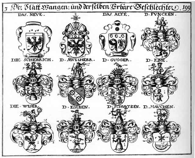 Coats of arms of Funcken, Gugger, Kine, Mauchen, Müllher, Scherrich, Wangen, Wiser