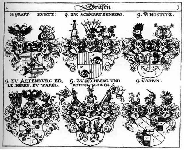 Coats of arms of Altenburg, Curtins, Khurtz, Kraus, Krausen, Kurtzen, Nostitz, Rechberg, Rottenlöwen, Thun