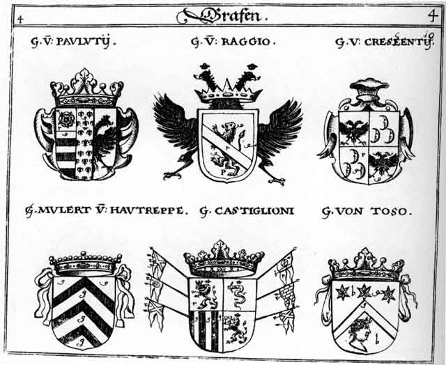 Coats of arms of Castiglioni, Cresentio, Mulert, Paulutii, Raggio, Toso