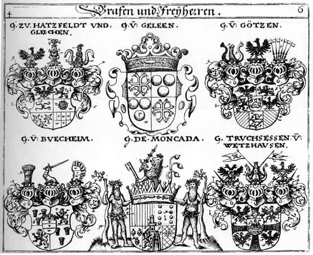 Coats of arms of Buecheim, Geleen, Gleichen, Goetzen, Götzen, Hatzfeldt, Moncada, Truchsesen, Truchsessen