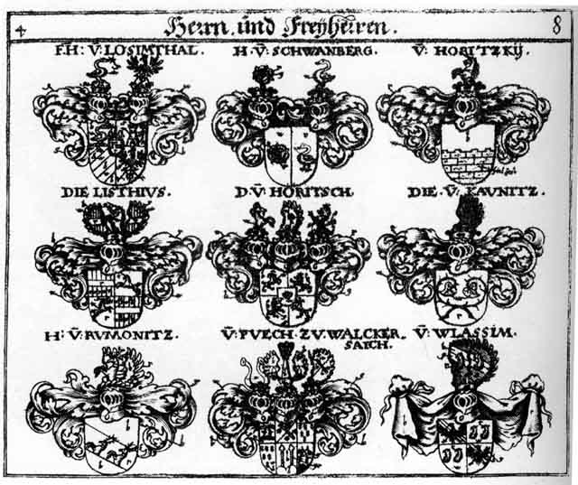Coats of arms of Horitsch FH, Horitzky FH, Horritzky FH, Kaunitz FH, Listiss FH, Losimthal FH, Puech FH, Rumonitz FH, Schwanberg FH