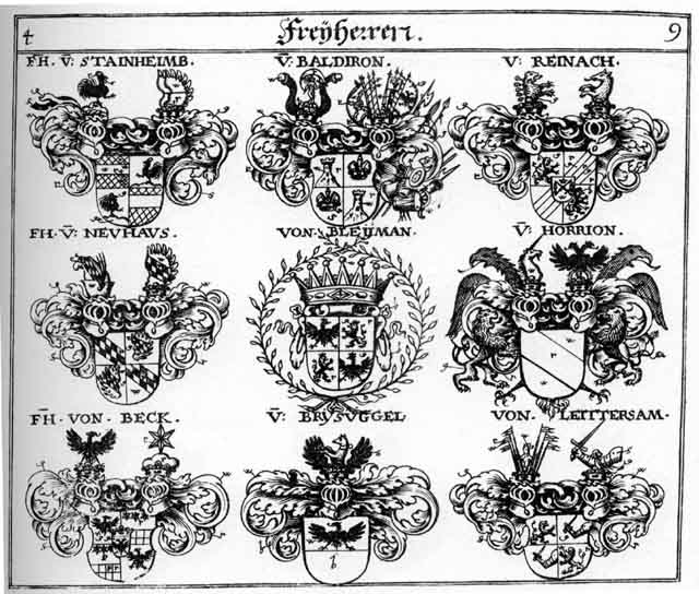 Coats of arms of Baldiron FH, Beck FH, Bleymann FH, Brysingel FH, Horrion FH, Leittersam FH, Neuhauss FH, Reinach FH