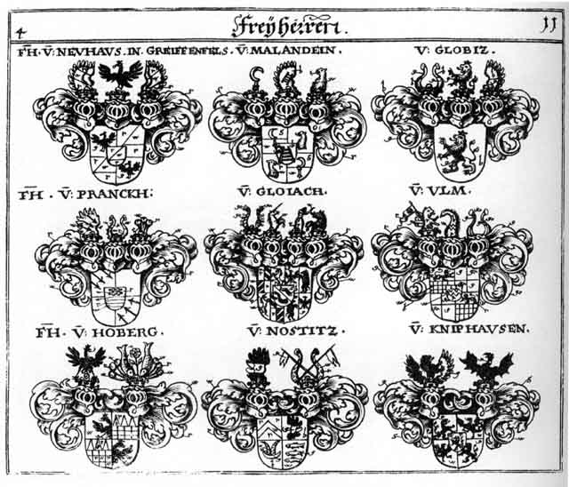 Coats of arms of Globitz FH, HohenEmbs, Kniphausen FH, Malandein FH, Neuhauss FH, Nostitz FH, Pranckh FH, Rechberg FH, Ulm FH