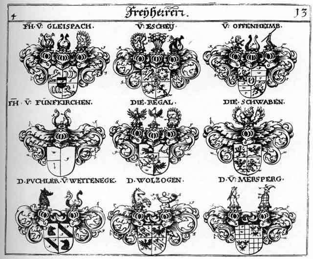Coats of arms of Eschey FH, Fünffkirchen FH, Gleispach HF, Limburg, Mersperg FH, Offenheim FH, Puchler FH, Regal FH, Schwaben FH, Wolzogen FH