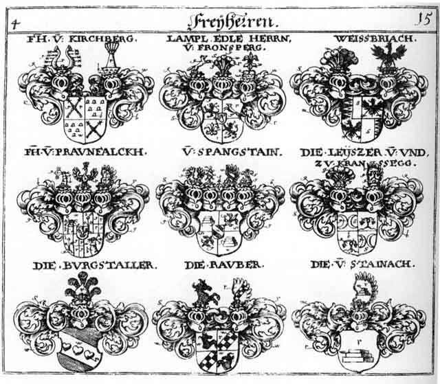 Coats of arms of Burgstaller FH, F H, Lampl FH, Leiszer FH, Leyszer FH, Paunsalcken, Praunsalck FH, Purckstall FH, Purgstall FH, Rauber, Reuber, Spangstein FH, Stainach, Steinach, VVeispriach FH, Weisbriach FH