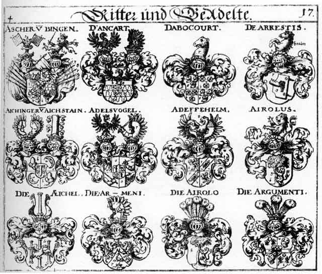 Coats of arms of Abocourt, Adeffehelm, Adelsvogel, Aeichel, Aescher, Aichinger, Airolo, Airolus, Argumenti, Armeni, Ascher, d'Abocourt, d'Ancart, Dabocourt, Dancart, de Arrestis
