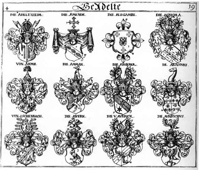 Coats of arms of Abocourt, Adeltzheim, Adoltzheim, Agricola, Aisme, Alegambe, Aman, Amende, Amman, Ammon, Angerer, Aschenbach, Auer, Aurrick, Awer, Awern, d'Abacourt, de Aurificibus, Stainheimb FH