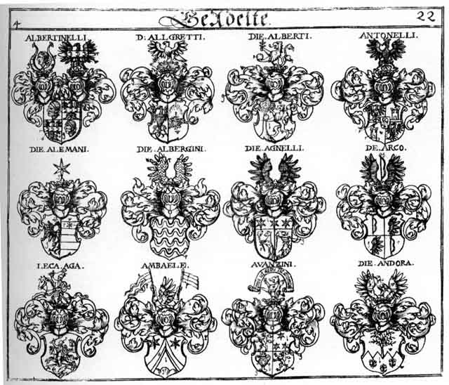 Coats of arms of Aga Leca Aga, Agnelli, Albergini, Alberti, Albertinelli, Alemanni, Allgretti, Ambaële, Andora, Antonelli, Arco, Avanzini, LecaAga