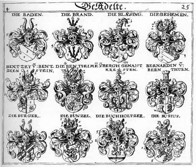 Coats of arms of Baden, Behemen, Bentheimen, Bentzhy, Berg, Bergh, Berkh, Bernardin, Blaesing, Brand, Brandt, Buchholz, Buchholzer, Bunzel, Burger, Busius, Kresten, Prand
