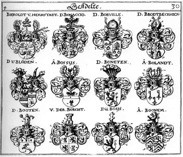 Coats of arms of Bierold, Blöden, Bolandt, Bonaccio, Boneten, Boonem, Booten, Borcht, Borville, Bossys, Boys, Brodbecken, Pollandt