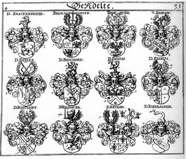 Coats of arms of Badehorn, Beck, Becken, Beer, Beeren, Behem, Behrn, Beschhorn, Besler, Bierbaumer, Bildauer, Bischoff, Brackenhoff, Brackenhoffer, Bredaw, Brem, Bremen, Pecken, Perr, Pesler