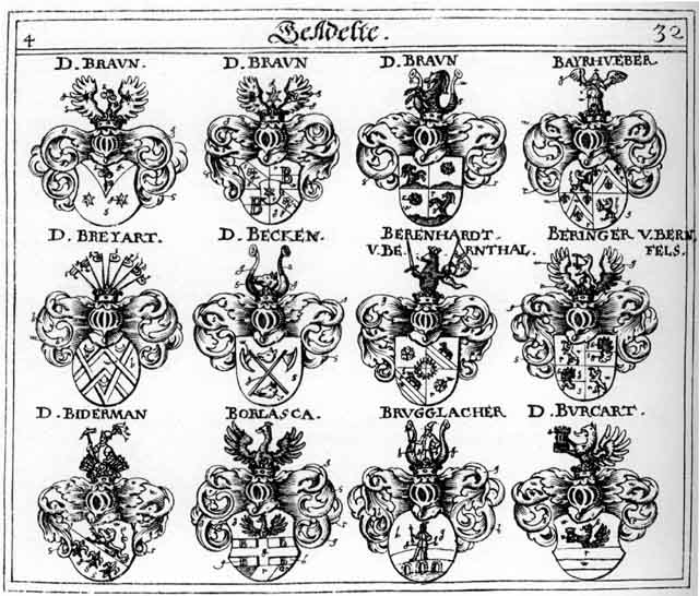 Coats of arms of Bayrhuber, Beck, Becken, Berenhard, Beringer, Bernhardt, Bidermann, Borlasea, Braun, Braunen, Breyart, Brugglacher, Pecken, Pidermann, Pregglach