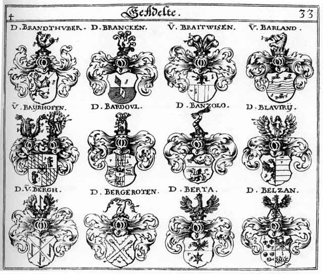 Coats of arms of Banzolo, Bardoul, Barland, Bayrhofen, Beltzan, Berg, Bergentoten, Bergh, Berkh, Berta, Blavirii, Braitwisen, Brancken, Brandhuober, Pranckh