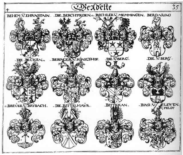 Coats of arms of Bechler, Beck, Becken, Behem, Berchtholdt, Berdarino, Berg, Bergen, Bergh, Beringer, Biasi, Bittelmayer, Bittkan, Breuer, Pecken