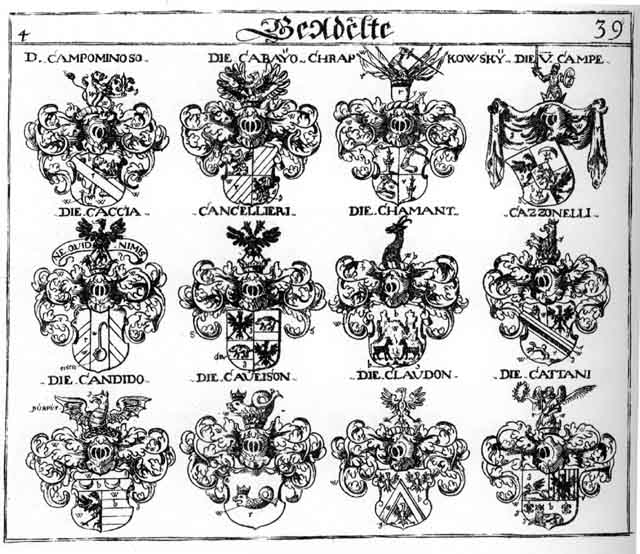 Coats of arms of Cabayo, Caccia, Campe, Campominoso, Cancellieri, Candido, Cattani, Caveison, Cazzonelli, Chamant, Chrapkowsky, Claudon, Kampe