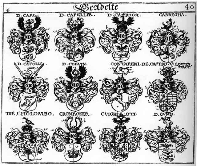 Coats of arms of Capeller, Carl, Carocci, Carregha, Castro, Catölle, Contareni, Corvin, Cronacker, Cungnioti, Cuny, Kapelle