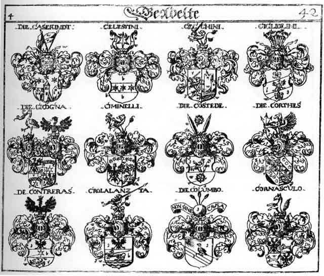 Coats of arms of Caseklndt, Cecchini, Celestini, Cicogna, Cigliolini, Ciminelli, Colombo, Columbo, Contreras, Cornaseulo, Corthes, Costede, Crolalanzta