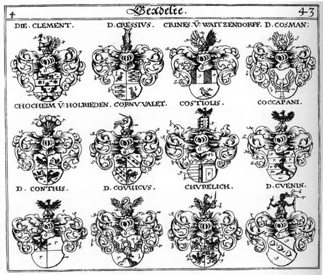 Coats of arms of Chocheim, Churelich, Clement, Coccapani, Conthis, Cornuvalet, Cosman, Costiolis, Covincus, Cressii, Crines, Cuenin, Dompeli