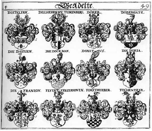 Coats of arms of Dauven, Derer, Diftelingk, Dilherrn, Dobergatz, Dockmann, Donatus, Dörer, Doria, Feyer, Flochentzer, Forsthueber, Franzon