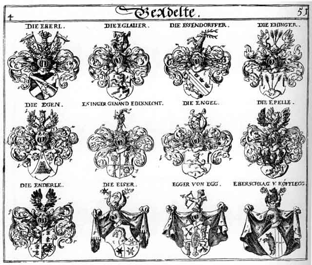 Coats of arms of Eberl, Eberschlag, Eck, Edlknecht, Egen, Egg, Egger, Eglauer, Ehinger, Eiser, Enderle, Engel, Engl, Epelle, Esinger