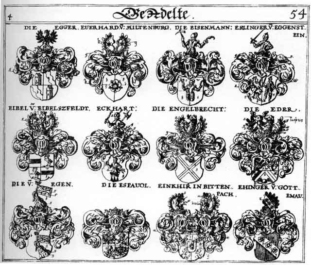 Coats of arms of Ainkirn, Echard, Eckhardt, Eder, Egen, Ehinger, Eibel, Einkir, Engelbrecht, Erlinger, Espauol, Everhard