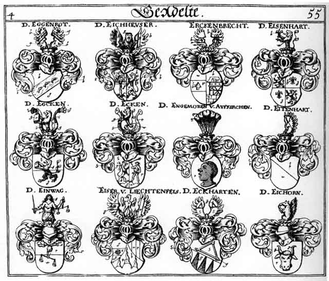 Coats of arms of Aicborn, Echard, Ecken, Eckh, Eckhardt, Egcken, Eggenrodt, Egk, Eichorn, Einwag, Eisenhart, Eiser, Engemoren, Erckenbrecht