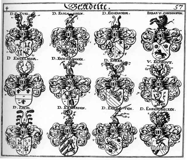 Coats of arms of Egrer, Ehrenbeck, Eidenheim, Eisengrein, Ellshout, Engelmair, Erbar, Erharden, Eurl, Eyerl, Eyrl, mayer