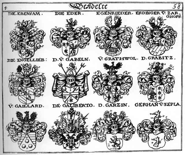 Coats of arms of Ebensam, Eder, Egenrieder, Engellieb, Erdinger, Gabeln, Gaillard, Galiberto, Garzin, Gerhan, Grabitz, Gratwol