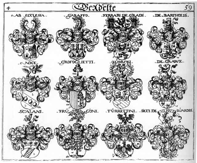 Coats of arms of ab Ecclesia, Bartholis, Ferrari, Frugoin, Garaffo, Grave, Grawe, Grofoglictti, Noce, Quorcki, Scalani, Sicci de Suardis, Turrettini